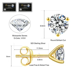 KRKC Wholesale VVS1 0.5ct 0.6ct 0.8ct 1.0ct925スターリングシルバーダイヤモンドメンズイヤリングモアッサナイトウェディングスタッドピアス花嫁用