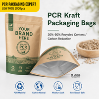 Sachet en papier kraft PCR imprimé sur mesure, 30% 50% de matériaux recyclés après consommation, pour graines biologiques, sac écologique à fond plat