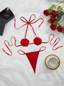 红色2件套花朵文胸三角裤性感内衣套装内衣 - Product Image 3