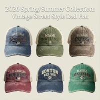 Gorra de Béisbol de Algodón Vintage Lavado con Bordado de 6 Paneles, Visera Curva Ajustable Bicolor, Unisex, Estilo Deportivo Urbano para Uso Casual