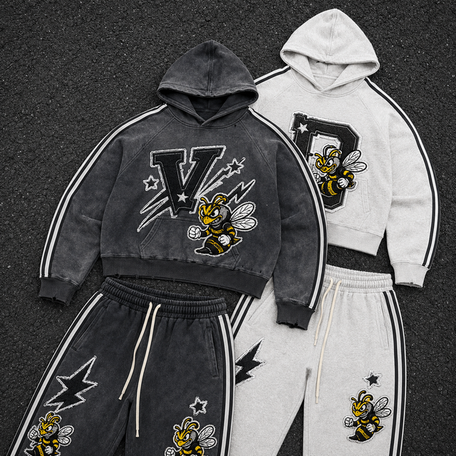 Custom Vintage Wash Raglan Hoodie Wide Leg Sweatpants Set Unisex Varsity Graphic Patch Streetwear Two Piece Outfit