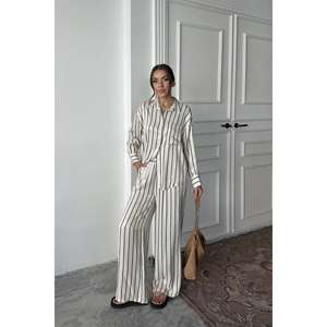 Ensemble de vêtements de nuit en satin rayé bleu pour femmes, manches longues, décontracté, deux pièces, tissu lisse, pyjama - Product Image 5