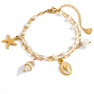 Pulsera de Moda con Doble Cadena de Perlas, Bañada en Oro, con Colgantes de Concha, Estrella de Mar y Corazón, Joyería Apilable para la Playa - Product Image 5