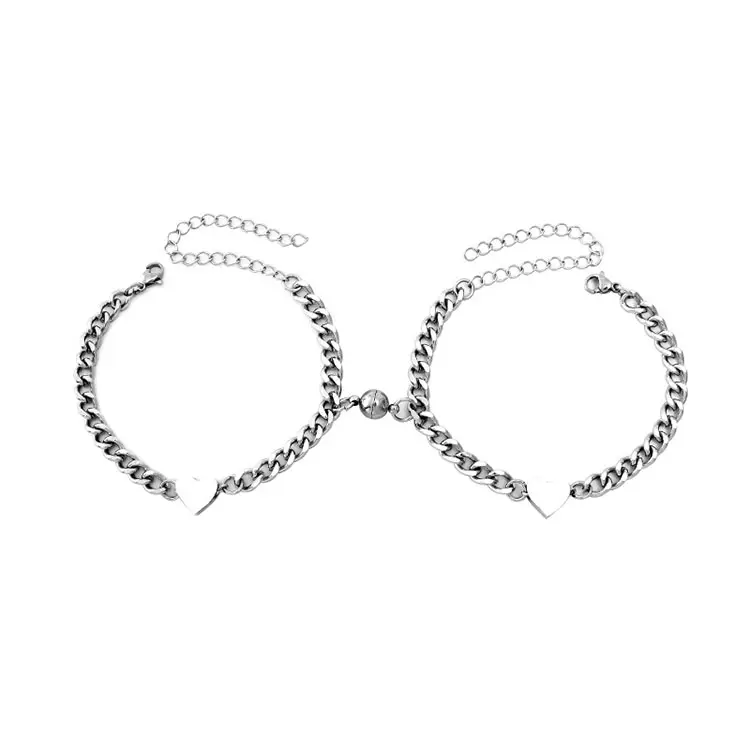 2Pcs/Set Titanium Steel Punk Hip Hop Lovers Bracelet Sets Couples Jewelry Gift Heart Magnet Attract Couple Magnetic Bracelet