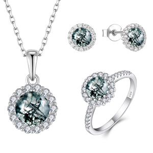 Moss Agate Natural Gemstone 925 Sterling <strong>Silver</strong> Accents For Women - Earrings, Ring &amp; Pendant Necklace Set - Product Image 2