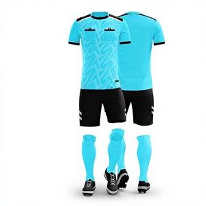 Ensemble d'uniformes de football personnalisés pour hommes, bleu uni, col en V, manches courtes, short noir, évacuation de l'humidité, 100% polyester, toutes saisons - Product Image 1