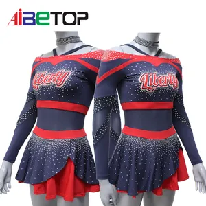 Traje de manga longa para competição de cheerleading com strass, uniforme de tamanho personalizado de cheerleading de rotação rápida