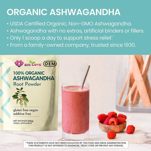 BIO <span class=keywords><strong>LOVE</strong></span> Polvo de Raíz de Ashwagandha 100% Orgánico 225g, Fuente de Withanólidos Puros, Suplemento Herbal de Alta Calidad de Fábrica - Product Image 2