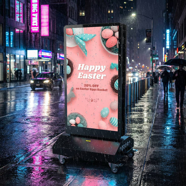 Wireless 43 Inch Double Sided Outdoor Portable Rechargeable All Weather High Brightness Sunlight Readable Display Screen