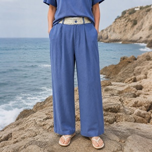<span class=keywords><strong>Pantalon</strong></span> large <span class=keywords><strong>taille</strong></span> haute en mélange de <span class=keywords><strong>lin</strong></span> pour <span class=keywords><strong>femme</strong></span> avec ceinture brodée, style bohème fluide pour la plage - Product Image 5
