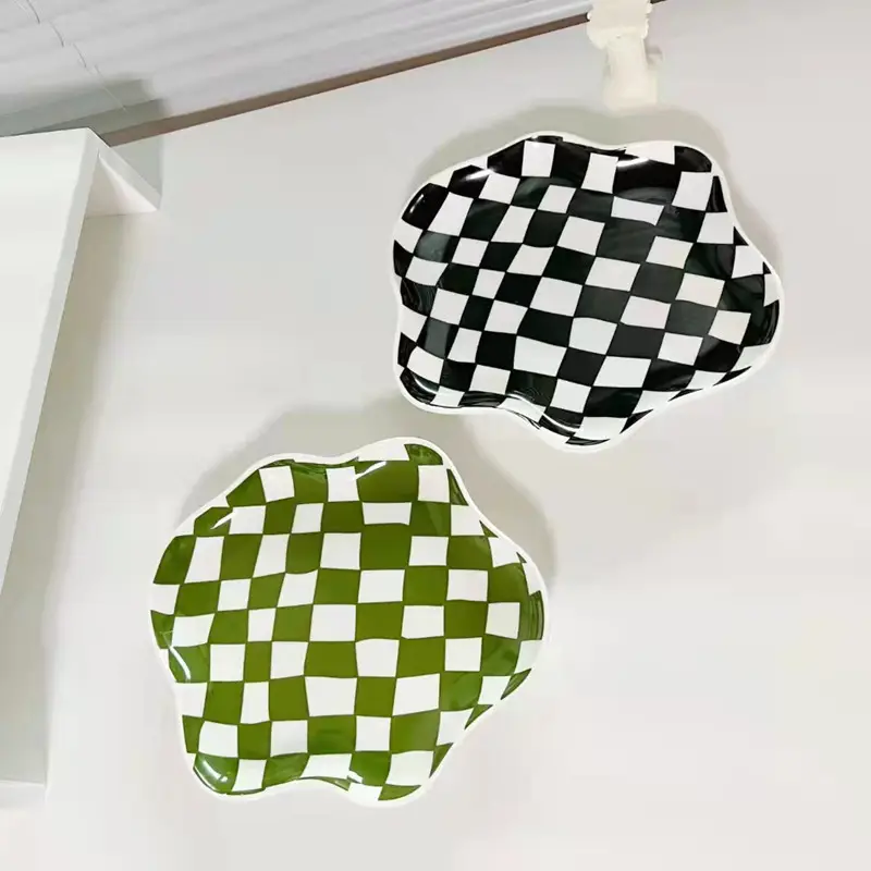 Solhui dama tahtası siyah beyaz yeşil kafes seramik Ins tarzı yemek tabağı dekorasyon bulaşık takı mum tepsisi süsler