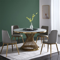 Meuble de salle à manger de grande quantité, cadre en acier inoxydable doré, marbre blanc, table supérieure à manger