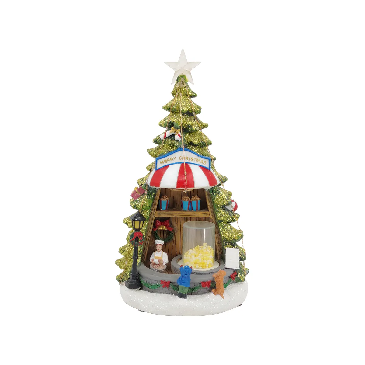 Cristmasled árvore de natal poly com iluminação, árvore de natal com mulheres, cenário de workshop, decoração de natal