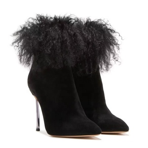 Bottines pour femmes en daim doux et fourrure, faites à la main, nouveau design, sur mesure, à talons hauts fins et bout pointu - Product Image 4