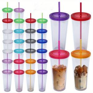Gobelet à café rond en plastique PS à double paroi avec logo personnalisé, pour boissons froides, avec couvercle et paille, 24 oz, transparent, fabriqué au Vietnam - Product Image 2