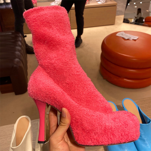 Botines de tacón alto con plataforma y cremallera trasera para mujer, con punta cuadrada ancha y forro de piel, ideales para chicas. - Product Image 1