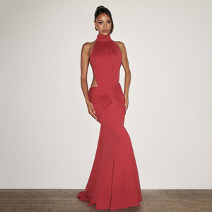 Vestido de Noche Largo con Cuello Halter, Ajustado, Sin Espalda, Falda Cola de Pez, Estilo Elegante para Banquete, Cintura Natural - Product Image 3