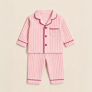 Conjunto de Pijama de 2 Piezas para Bebés Niñas, Camisa con Botones y Pantalones a Rayas Rosas, Cuello Camisero, Algodón Transpirable, Atuendo de Primavera - Product Image 1