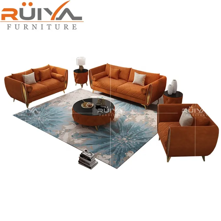 Furnitur Ruang Tamu Mewah, Set Sofa Chesterfield Beludru Oranye Desain 1 2 3