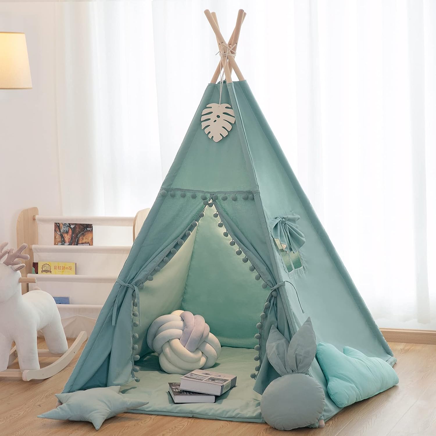 Teepee Tent for Kids Green Pompom Ball Design with Floor Mat Four Classic Cute Children Playing House