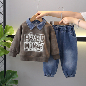 Set di Abbigliamento Casual per Bambini - Vendita all'Ingrosso di Fabbrica Felpa con Cappuccio a Maniche Lunghe Colletto in Denim Jeans in Cotone con Motivo Stampato - Product Image 4