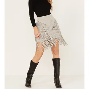 OEM good quality women suede fabric silver grommet fringe laced mini skirt STK2424A