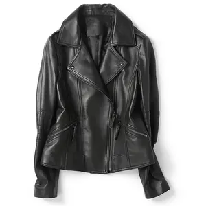 Черная кожаная куртка классический стиль женщин байкер кожаная куртка мотоцикл женщин