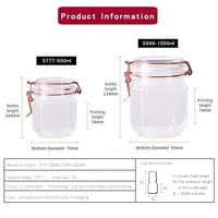 Pot carré transparent en PET de 500 ml et 1000 ml avec couvercle à clapet et anse métallique, hermétique, de qualité alimentaire, pour miel et poudre, logo personnalisé disponible