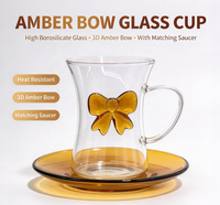 Tasse en verre borosilicate de haute qualité 175 ml avec anse en forme d'arc 3D ambre et soucoupe assortie, résistante à la chaleur pour café, latte, thé de l'après-midi