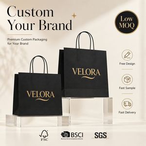 Sacs de courses en papier noir écologiques durables de haute qualité avec corde en coton et logo personnalisé estampé or pour boutiques de luxe et vente au détail - Product Image 2