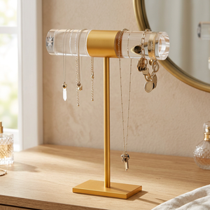 Luxury Gold Metal & Clear Acrylic T <b>Bar</b> Jewelry Stand Necklace Bracelet Organizer Display Holder for Vanity Countertop - Product Image 6