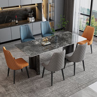 Ensemble de table à manger en pierre bleue de luxe avec chaises matelassées à veinage doré et diamants, 6 à 10 places, design tendance pour maison moderne
