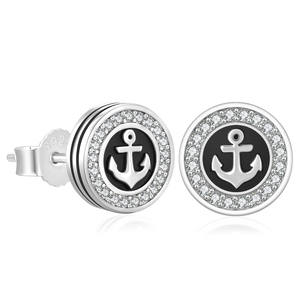 Boucles d'oreilles clous ancre tendance en émail noir, pavées de pierres, plaqué or blanc, style punk street hip-hop, en argent 925 - Product Image 1