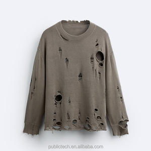 Personnalisé 400 Gsm Oversize Drop Shoulder Hommes Hoodies Déchiré Coton Ras Du Cou Vierge En Détresse Ras Du Cou Sweat - Product Image 3