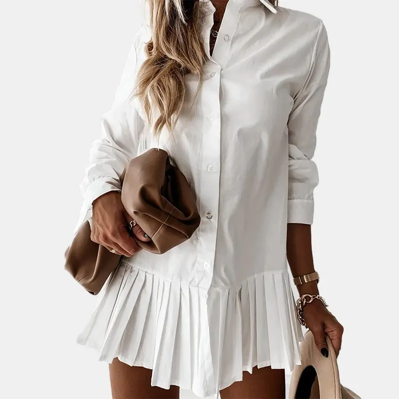 Women's Long Sleeve White Pleated Shirt Dress Women Casual Turn Down Collar Mini Dress Button Lady A Line Office Skirt Shirt