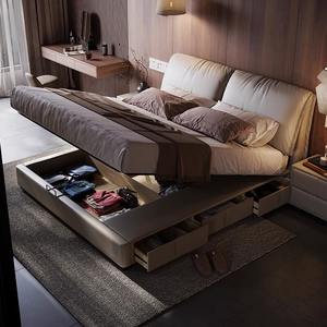 Letto Moderno Minimalista in Vera Pelle con Testiera a Orecchie di Elefante, Stile Scandinavo, Letto Matrimoniale King Size con Cassetti Contenitore e Box Alto - Product Image 5