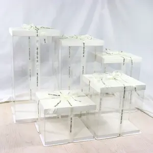 Kotak Kue Bening Plastik Asetat Transparan Tinggi Pernikahan Kotak Hitam Persegi 6 8 10 12 Inci Kemasan dengan Tutup Pegangan 10X10X6