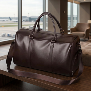 Sac de voyage unisexe en cuir véritable, forme ovale, double poignée, fermeture éclair, moins de 20L, durable, marron, à porter sur l'épaule - Product Image 1
