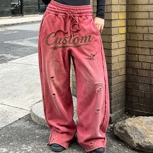 OEM Streetwear Vintage Custom Screen Printing Sweat Pants Distressed Acid Wash Flared Baggy Double Waisted Sweatpants Men - Product Image 5