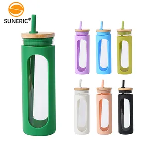 600ml Water Container Bottles with PP Straw and Sleeve Clear Glass Bottle for Water