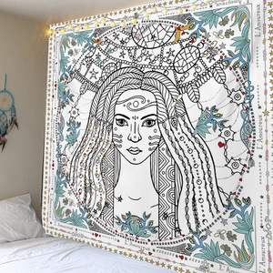 Tapiz de pared personalizado de tela de poliéster psicodélico bohemio con diseño de cartas del <span class=keywords><strong>Tarot</strong></span> Sol Luna Plantas Nymph - Product Image 1