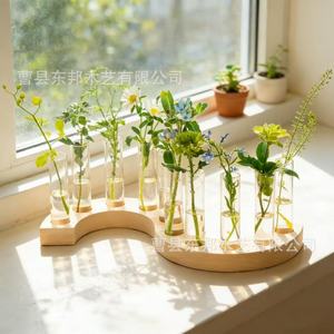 Base de vase hydroponique en bois, support de fleurs en verre rond, décoration de bureau, design minimaliste - Product Image 3