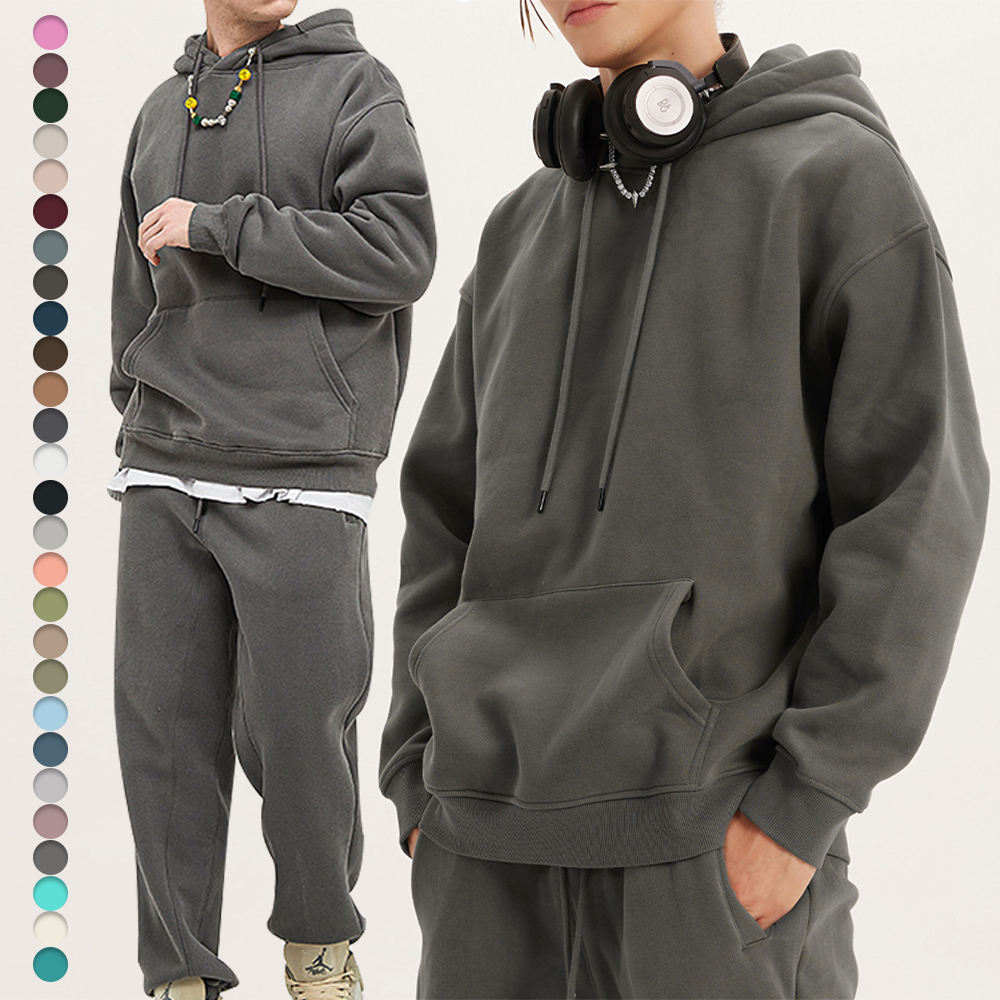 ใหม่ขายส่งคุณภาพสูงHoodies Unisex HoodieหนาHoodieสีทึบผู้ชายและผู้หญิงเฮฟวี่เวท2ชิ้นชุดวิ่งจ๊อกกิ้ง