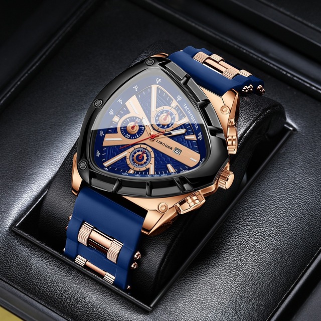 Luxury Men Watch Silicone Band Triangle Dial Unique Watch Date Watch, Quartz Watch Business Watch