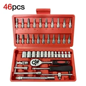 Set of 46pcs DIY Socket Wrench and Ratchet Screwdriver Hand-Powered Car Repair Tool Kit in Box for Household & Auto Repairs