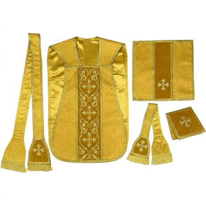 Casulla Romana Dorada con Estola, Manipulo, Bolsa y Velo del Cáliz, Vestimentas Litúrgicas Bordadas para <span class=keywords><strong>Sacerdote</strong></span> - Product Image 1