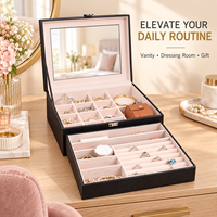 Boîte à bijoux personnalisée ovale de grande capacité à 2 niveaux en cuir PU avec miroir, couvercle transparent, organisateur pour bagues, boucles d'oreilles, colliers, bracelets