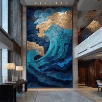 Tableaux muraux modernes 100 % peints à la main, grandes toiles, nuages dorés, ciel bleu, peinture à l'huile sur toile, décoration murale
