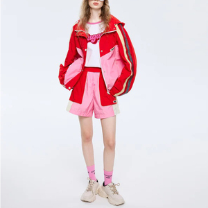 Custom Women pink Color Block <strong>Tracksuit</strong> <strong>90s</strong> Zip up Nylon Two Piece Windbreaker Short Set - Product Image 1