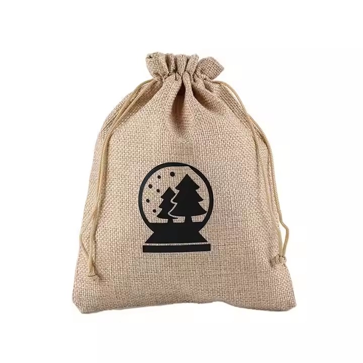 Natural eco-friendly jute packaging christmas drawstring gift bag with customized logo